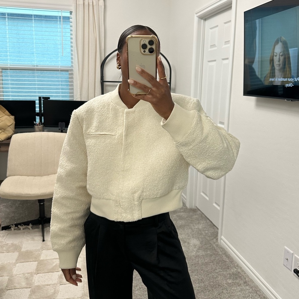 Cream Boucle Bomber Jacket
